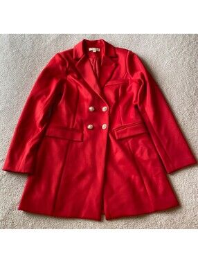 Thirty Thirty LA Red Double Breasted Long Blazer Jacket Faux Pearls Women's L